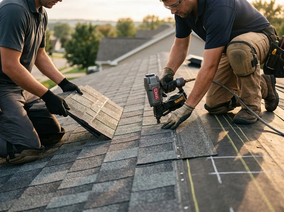 Professional roofer working on a residential roof in Wethersfield